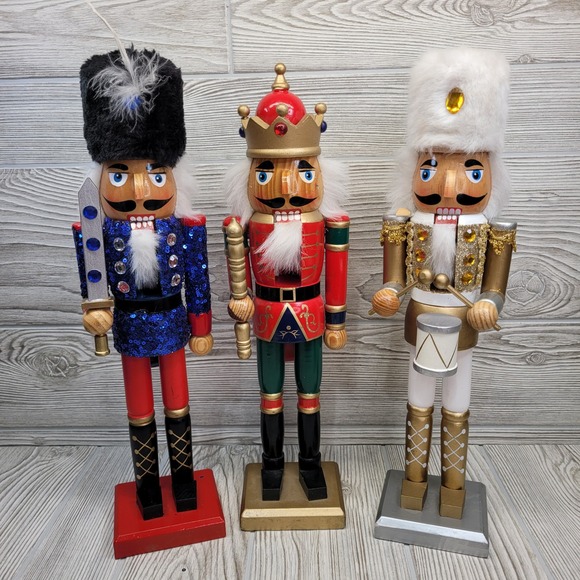 Unbranded Other - 3 Nutcracker Figurines Wood Christmas Decor King Soldier Drummer